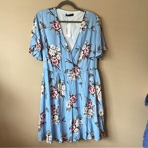 Light Blue Floral Wrap-Style Women's Dress
